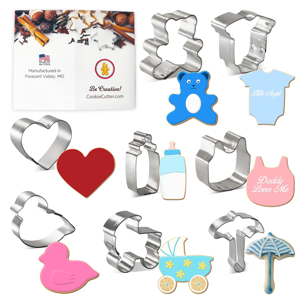Mini Baby Shower Cookie Cutter 8 Pc Set, CookieCutter.com, Tin Plated Steel, Handmade in the USA